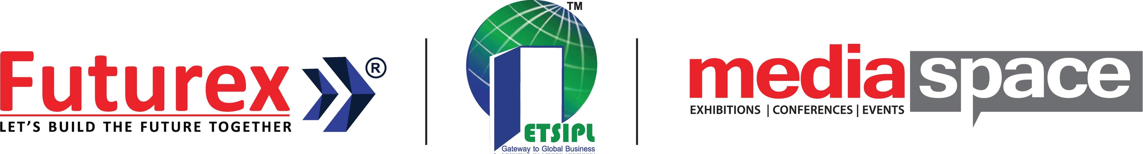 Logos of the three joint organizers: Futurex Trade Fair and Events Pvt. Ltd., Exhibitions & Trade Services India Pvt. Ltd., and Media Space Solutions Pvt. Ltd.